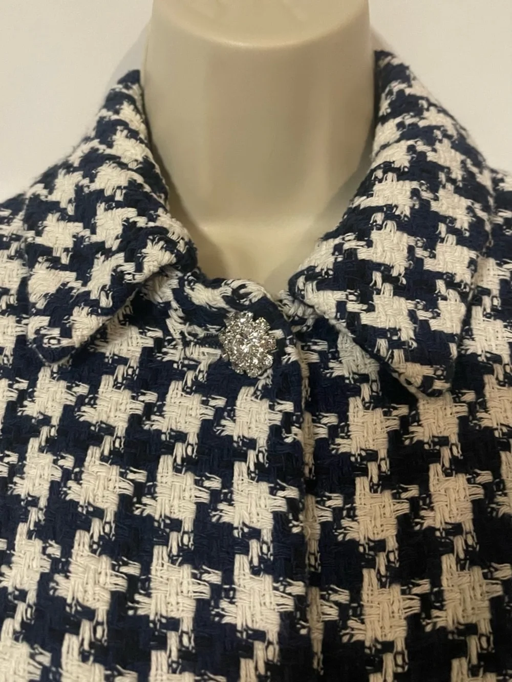 ZARA Houndstooth White/Blue Cropped Jewel Button Jacket\Blazer - Picture 5 of 9